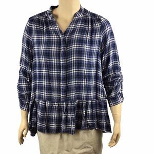 Lane Bryant Blue Plaid Ruffle Hem Top Size 18
